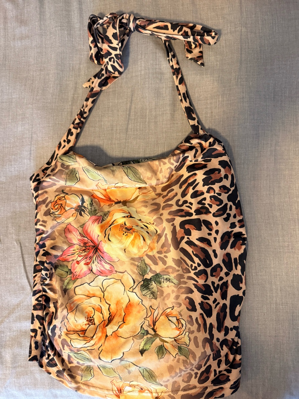 SHEIN Leopard Floral Halter Crop Top in Beige and Black